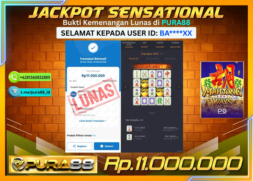 PURA88 JACKPOT MAHJONG WAYS Rp 11.000.000,- LUNAS